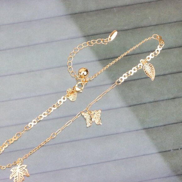 "Rose Gold Anklet with Butterfly & Leaf Charms, XPAL1169 - Picture 9 of 12